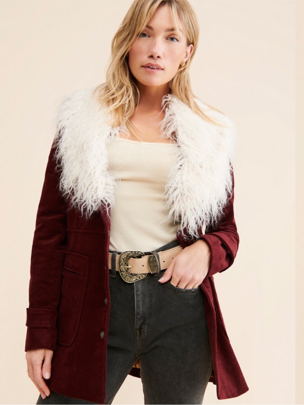 Free People Lady Lane Corduroy Faux Fur Jacket Wine Burgundy Size S